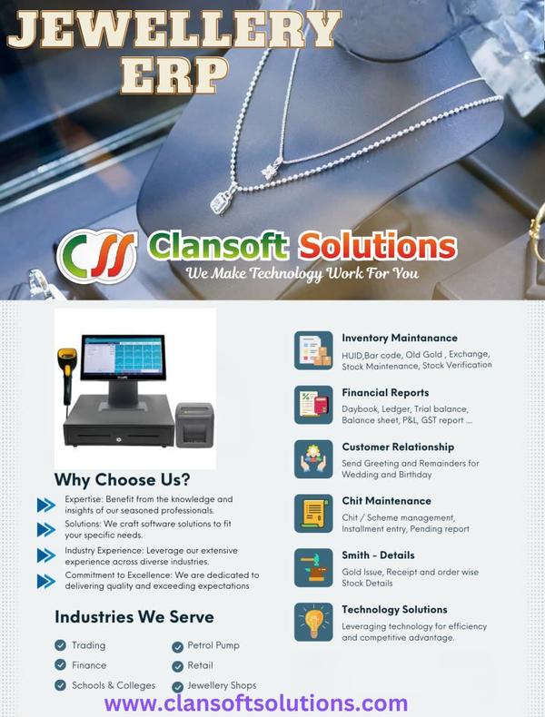 JEWELLERY ERP BILLING SOFTWARE* INVENTORY MAINTENANCE* FINANCIAL REPORT* CUSTOMER RELATIONSHIP* CHIT MAINTENANCE* SMITH - DETAILS* TECHNOLOGY SOLUTIONS