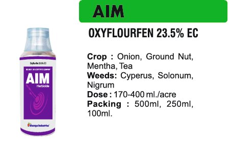 🌱 Bhavya Industries Indore – AIMGhaas aur Jhaadon par Nishana, Fasal ko De Saaf Aur Surakshit VikasAt Bhavya Industries Indore, we are dedicated to providing farmers with effective, trusted, and easy-to-use solutions that help them fight weeds and protect their crops at every stage. For precise and powerful weed management, we proudly present:AIM (Oxyfluorfen 23.5% EC)A selective contact herbicide, specially formulated to control a wide variety of broadleaf and grassy weeds, ensuring that crops grow in a clean environment with minimal competition.✅ Crops: Rice, Soybean, Cotton, Vegetables & Other Field Crops.✅ Targets Weeds: Broadleaf weeds, grassy weeds, sedges, and problem weeds.✅ Mode of Action: Destroys weed cells upon contact by inhibiting photosynthesis, leading to fast and efficient weed control.Key Benefits of AIM✅ Fast & Effective Action – kills weeds quickly on contact.✅ Selective Control – targets weeds while keeping crops safe.✅ Improves Crop Health – reduces competition for nutrients, space, and sunlight.✅ Boosts Yield – supports better plant growth and harvest quality.CEO’s Message“At Bhavya Industries Indore, we believe that timely weed control is essential for healthy crop growth and better yields. AIM is our proven solution that helps farmers tackle weeds effectively, giving crops the space and resources they need to flourish. With AIM, farmers can confidently protect their fields, save time and resources, and focus on achieving higher productivity.🌱 भव्य इंडस्ट्रीज इंदौर - एआईएमघास और झाड़ियों पर निशाना, फसल को साफ और सुरक्षित विकासभव्य इंडस्ट्रीज इंदौर में, हम किसानों को प्रभावी, विश्वसनीय और उपयोग में आसान समाधान प्रदान करने के लिए समर्पित हैं जो उन्हें खरपतवारों से लड़ने और हर चरण में अपनी फसलों की सुरक्षा करने में मदद करते हैं। सटीक और प्रभावी खरपतवार प्रबंधन के लिए, हम गर्व से प्रस्तुत करते हैं:एआईएम (ऑक्सीफ्लोरफेन 23.5% ईसी)एक चयनात्मक संपर्क शाकनाशी, जो विशेष रूप से चौड़ी पत्ती वाले और घास वाले खरपतवारों की एक विस्तृत विविधता को नियंत्रित करने के लिए तैयार किया गया है, यह सुनिश्चित करता है कि फसलें न्यूनतम प्रतिस्पर्धा के साथ स्वच्छ वातावरण में उगें।✅ फसलें: चावल, सोयाबीन, कपास, सब्जियाँ और अन्य खेत की फसलें।✅ खरपतवारों पर लक्षित: चौड़ी पत्ती वाले खरपतवार, घास वाले खरपतवार, सेज और समस्याग्रस्त खरपतवार।✅ क्रियाविधि: प्रकाश संश्लेषण को बाधित करके खरपतवार कोशिकाओं को संपर्क में आने पर नष्ट कर देता है, जिससे खरपतवार नियंत्रण तेज़ और प्रभावी होता है।एआईएम के प्रमुख लाभ✅ तेज़ और प्रभावी क्रिया - संपर्क में आते ही खरपतवारों को तुरंत नष्ट कर देता है।✅ चयनात्मक नियंत्रण - फसलों को सुरक्षित रखते हुए खरपतवारों को लक्षित करता है।✅ फसल स्वास्थ्य में सुधार - पोषक तत्वों, स्थान और सूर्य के प्रकाश के लिए प्रतिस्पर्धा को कम करता है।✅ उपज बढ़ाता है - पौधों की बेहतर वृद्धि और फसल की गुणवत्ता में सहायक।सीईओ का संदेश”भव्य इंडस्ट्रीज इंदौर में, हमारा मानना ​​है कि स्वस्थ फसल वृद्धि और बेहतर उपज के लिए समय पर खरपतवार नियंत्रण आवश्यक है। एआईएम हमारा सिद्ध समाधान है जो किसानों को खरपतवारों से प्रभावी ढंग से निपटने में मदद करता है, जिससे फसलों को फलने-फूलने के लिए आवश्यक स्थान और संसाधन मिलते हैं। एआईएम के साथ, किसान आत्मविश्वास से अपने खेतों की रक्षा कर सकते हैं, समय और संसाधनों की बचत कर सकते हैं, और उच्च उत्पादकता प्राप्त करने पर ध्यान केंद्रित कर सकते हैं।