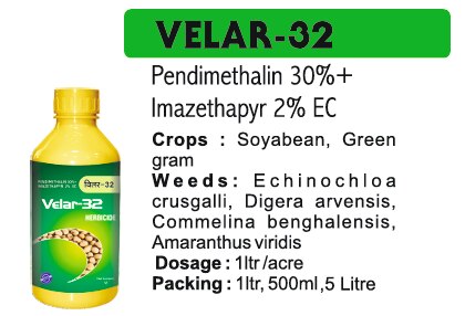 🌱 Bhavya Industries Indore – VELAR 32Shuruaat Se Hi Weed-Free Fasal, Behtar Vikas Aur Zyada Upaj Ka SaathiAt Bhavya Industries Indore, we are dedicated to empowering farmers with advanced, reliable, and environment-friendly solutions that help them manage weeds efficiently, protect crops, and boost their yield. For comprehensive and early-stage weed control, we proudly introduce:VELAR 32 (Pendimethalin 30% + Imazethapyr 2% EC)A pre- and early post-emergence herbicide, specially formulated to control a broad spectrum of grassy and broadleaf weeds in crops, ensuring that plants grow in a clean, healthy, and nutrient-rich environment.✅ Crops: Soybean, Pulses, Groundnut, and Other Field Crops.✅ Targets Weeds: Grassy weeds, broadleaf weeds, and problem weeds affecting early crop growth.✅ Mode of Action: Combines two active ingredients for pre- and post-emergence control, preventing weed growth from the start and protecting crops during critical stages.Key Benefits of VELAR 32✅ Dual Protection – controls weeds at both pre- and early post-emergence stages.✅ Broad Spectrum Control – targets grassy and broadleaf weeds effectively.✅ Promotes Strong Crop Growth – reduces competition, improving nutrient and water uptake.✅ Increases Yield Potential – ensures healthy crop development and better harvests.CEO’s Message“At Bhavya Industries Indore, we believe that early weed management plays a crucial role in ensuring crop health and yield. VELAR 32 is our scientifically formulated solution that provides dual-stage protection, helping farmers control weeds right from the beginning and support better crop growth. With VELAR 32, farmers can confidently protect their fields and work towards higher productivity and profitability.”🌱 भव्य इंडस्ट्रीज इंदौर - वेलार 32शुरुआत से ही खरपतवार मुक्त फसल, बेहतर विकास और ज़्यादा उपज का साथीभव्य इंडस्ट्रीज इंदौर में, हम किसानों को उन्नत, विश्वसनीय और पर्यावरण-अनुकूल समाधानों से सशक्त बनाने के लिए समर्पित हैं जो उन्हें खरपतवारों का कुशलतापूर्वक प्रबंधन करने, फसलों की सुरक्षा करने और उनकी उपज बढ़ाने में मदद करते हैं। व्यापक और प्रारंभिक चरण के खरपतवार नियंत्रण के लिए, हम गर्व से प्रस्तुत करते हैं:वेलार 32 (पेंडिमेथालिन 30% + इमेजेथापायर 2% ईसी)एक पूर्व- और प्रारंभिक-उद्भव-पश्चात खरपतवारनाशक, जो विशेष रूप से फसलों में घास और चौड़ी पत्ती वाले खरपतवारों की एक विस्तृत श्रृंखला को नियंत्रित करने के लिए तैयार किया गया है, यह सुनिश्चित करता है कि पौधे स्वच्छ, स्वस्थ और पोषक तत्वों से भरपूर वातावरण में उगें।✅ फसलें: सोयाबीन, दलहन, मूंगफली और अन्य खेत की फसलें।✅ खरपतवारों को लक्षित करता है: घास वाले खरपतवार, चौड़ी पत्ती वाले खरपतवार, और फसल की शुरुआती वृद्धि को प्रभावित करने वाले समस्याग्रस्त खरपतवार।✅ क्रियाविधि: उगने से पहले और बाद में नियंत्रण के लिए दो सक्रिय अवयवों को मिलाता है, खरपतवारों की वृद्धि को शुरू से ही रोकता है और महत्वपूर्ण चरणों के दौरान फसलों की रक्षा करता है।VELAR 32 के प्रमुख लाभ✅ दोहरी सुरक्षा - उगने से पहले और बाद में, दोनों चरणों में खरपतवारों को नियंत्रित करता है।✅ व्यापक स्पेक्ट्रम नियंत्रण - घास वाले और चौड़ी पत्ती वाले खरपतवारों को प्रभावी ढंग से लक्षित करता है।✅ मज़बूत फसल वृद्धि को बढ़ावा देता है - प्रतिस्पर्धा को कम करता है, पोषक तत्वों और पानी के अवशोषण में सुधार करता है।✅ उपज क्षमता बढ़ाता है - स्वस्थ फसल विकास और बेहतर फसल सुनिश्चित करता है।सीईओ का संदेश“भव्य इंडस्ट्रीज इंदौर में, हमारा मानना ​​है कि फसल के स्वास्थ्य और उपज को सुनिश्चित करने में खरपतवारों का प्रारंभिक प्रबंधन महत्वपूर्ण भूमिका निभाता है। वेलार 32 हमारा वैज्ञानिक रूप से तैयार किया गया समाधान है जो दोहरे चरण की सुरक्षा प्रदान करता है, जिससे किसानों को शुरुआत से ही खरपतवारों को नियंत्रित करने और बेहतर फसल वृद्धि में मदद मिलती है। वेलार 32 के साथ, किसान आत्मविश्वास से अपने खेतों की रक्षा कर सकते हैं और उच्च उत्पादकता और लाभप्रदता की दिशा में काम कर सकते हैं।”