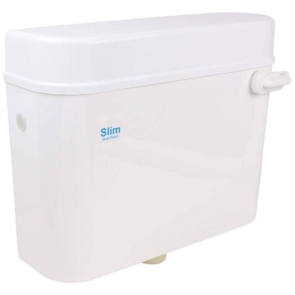 a toilet flushing system that features two buttons on a slim, compact tank, allowing users to choose between a full flush (for solid waste) and a half flush (for liquid waste), thus conserving water and saving on water bills. The “slim” aspect refers to the tank's compact design, which is space-saving, and the buttons provide a modern, user-friendly alternative to traditional levers.