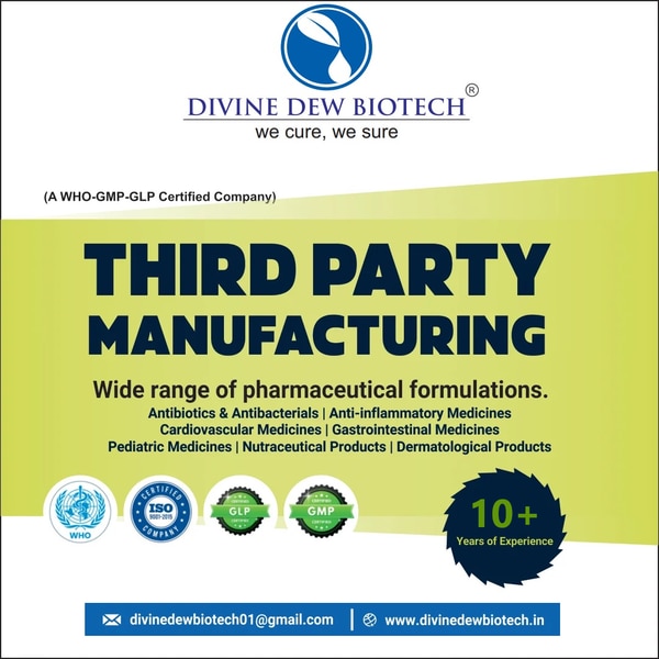 Divine Dew Biotech is a trusted name in the pharmaceutical industry, offering Third Party Manufacturing Services with a commitment to quality, innovation, and reliability. As a WHO & ISO GMP Certified Company, we specialize in producing a wide range of pharmaceutical products that meet international quality standards. With advanced manufacturing facilities, strict quality control practices, and a highly skilled team, we ensure the timely delivery of safe, effective, and affordable medicines.Our third-party manufacturing services are designed to support pharmaceutical companies, distributors, and healthcare providers in expanding their product portfolios without the hassle of setting up manufacturing units. By partnering with Divine Dew Biotech, you gain access to world-class infrastructure, modern technology, and certified processes, ensuring excellence in every batch produced.At Divine Dew Biotech, we believe in the motto “We Cure, We Sure”, reflecting our dedication to improving healthcare outcomes through reliable and high-quality pharmaceutical manufacturing solutions.