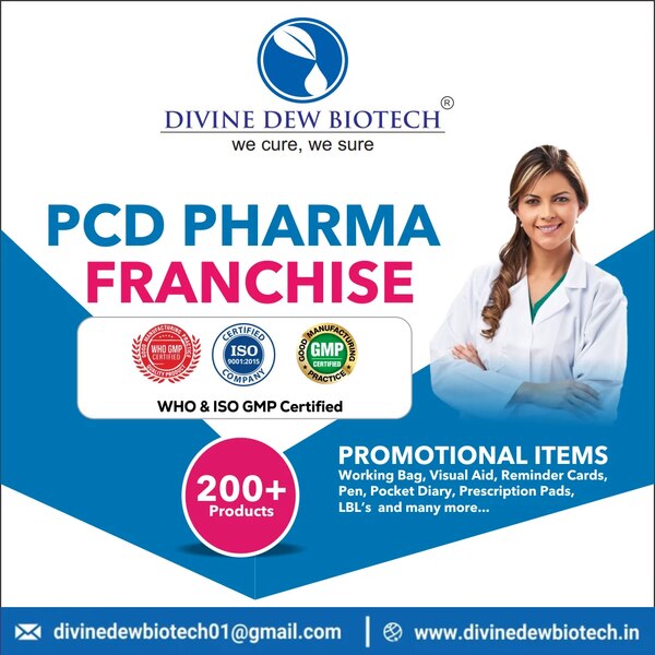 Divine Dew Biotech is a trusted name in the pharmaceutical industry, dedicated to improving healthcare with high-quality medicines and ethical business practices. With a strong vision of “we cure, we sure,” the company is committed to delivering affordable and effective medical solutions across the nation.We proudly offer PCD Pharma Franchise opportunities, enabling aspiring entrepreneurs and healthcare professionals to establish their own business with the support of a reputed and certified pharmaceutical brand. Divine Dew Biotech is WHO & ISO GMP Certified, ensuring that every product manufactured meets the highest standards of quality, safety, and efficacy.Our extensive portfolio includes 200+ premium pharmaceutical products, covering a wide range of therapeutic segments. Franchise partners gain access to innovative and result-oriented formulations that are in high demand in the market.To support our partners in growing their business, we provide a variety of promotional items such as working bags, visual aids, reminder cards, pens, pocket diaries, prescription pads, labels, and much more. These marketing tools not only enhance brand visibility but also help in building strong connections with healthcare professionals.With a customer-first approach, state-of-the-art manufacturing practices, and a strong distribution network, Divine Dew Biotech stands as an ideal choice for individuals looking to start or expand their pharmaceutical business.Take the first step toward a rewarding business partnership with Divine Dew Biotech and join hands in delivering healthcare excellence across India.Contact Us:📧 Email: divinedewbiotech01@gmail.com🌐 Website: www.divinedewbiotech.in 🌐 Website: www.divinedewbiotech.co.in