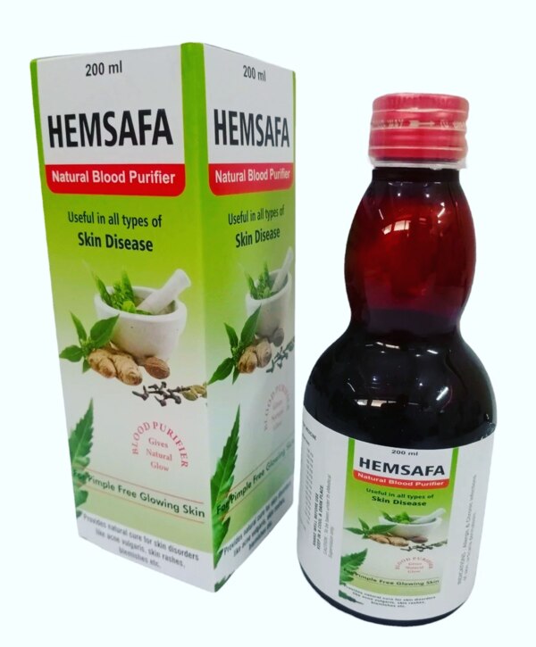HEMSAFA is an Ayurvedic natural blood purifier syrup specially formulated to help maintain healthy skin and a clear complexion. Enriched with time-tested herbs, it supports the purification of blood by removing harmful toxins from the body. It is highly effective in treating various skin disorders and provides relief from pimples, acne, skin rashes, boils, blemishes, and other skin diseases.This herbal formulation works from within, giving your skin a natural glow and promoting long-lasting skin health.