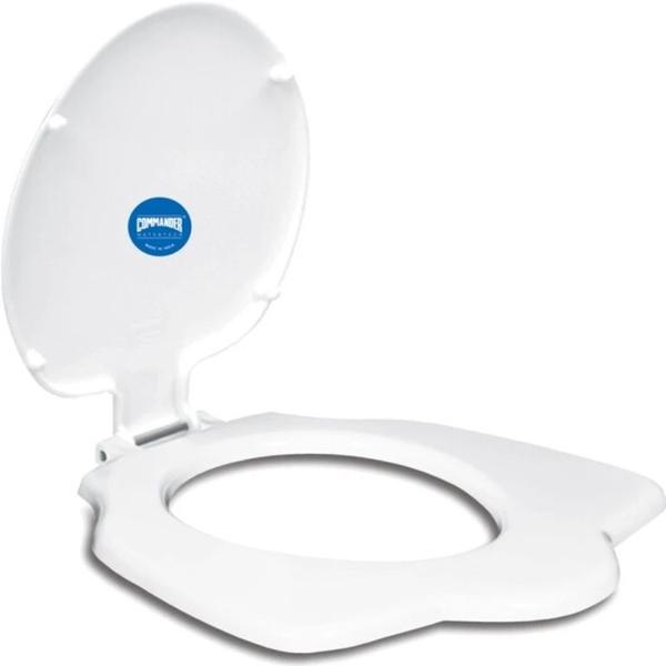 The Commander Anglo-Indian WC seat cover is a durable, white, oval-shaped toilet seat made from high-grade polypropylene or virgin thermoplastic. It is designed specifically for the Anglo-Indian style commode, a hybrid fixture that allows for both sitting and squatting