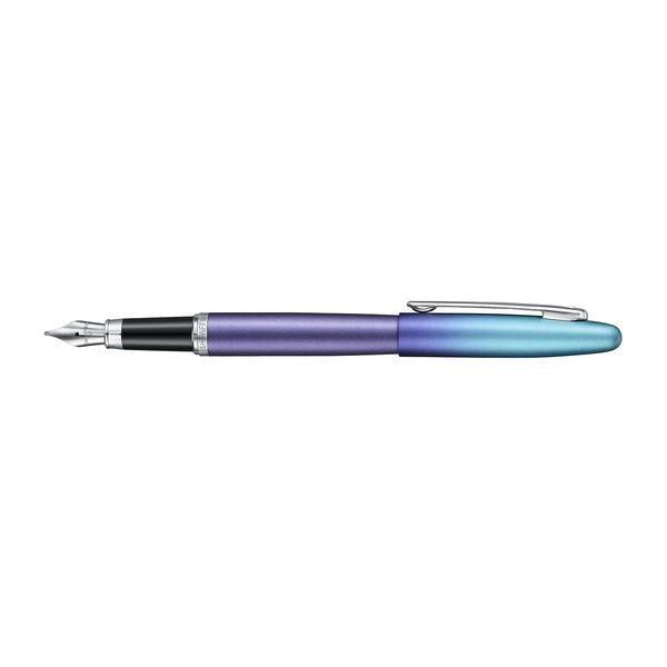Sheaffer VFM 9430 Expressions Blue and Purple Pearlised Gradient Fountain Pen with Chrome-Plated TrimsThis fountain pen captures the essence of modern self-expression - fearless, fluid, and entirely original. With a vibrant pearlised gradient shifting from blue to purple and sleek chrome-plated trims, it’s crafted for those who write their own rules. Engineered with Sheaffer’s signature smoothness, the VFM Expression isn’t just a pen, it’s a statement of individuality in motion.Pearlised gradient finish with chrome-plated trimsDurable brass bodyDefined by Sheaffer’s iconic White DotComes with a universal converter and two additional cartridgesComes in a responsibly recycled, FSC-certified premium gift box with curated thematic visualsPearlised Gradient FinishChrome-plated Trims