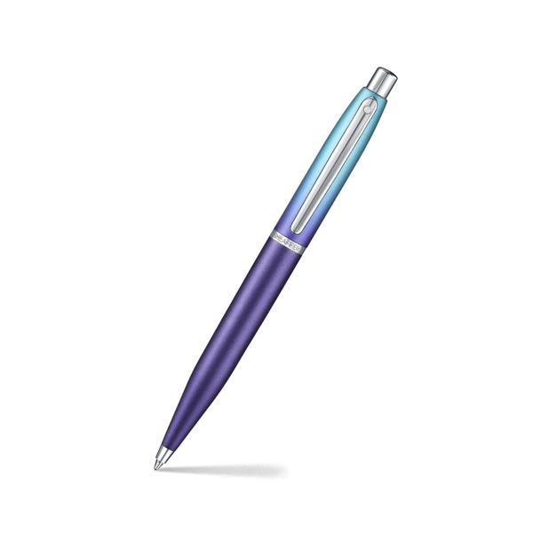 Sheaffer VFM 9430 Expressions Blue and Purple Pearlised Gradient Ballpoint Pen with Chrome-Plated TrimsThe Sheaffer VFM Expression Ballpoint in Blue & Purple Pearlised Gradient is where style meets spontaneity. Designed for those who think on their feet and write on the go, it pairs vivid design with dependable click-action convenience. Whether you’re jotting quick ideas or signing off in style, this pen keeps up with every bold move because your words deserve to stand out.Pearlised gradient finish with chrome-plated trimsDefined by Sheaffer’s iconic White DotConvenient push-button mechanismComes in a responsibly recycled, FSC-certified premium gift box with curated thematic visualsChrome-plated Trims