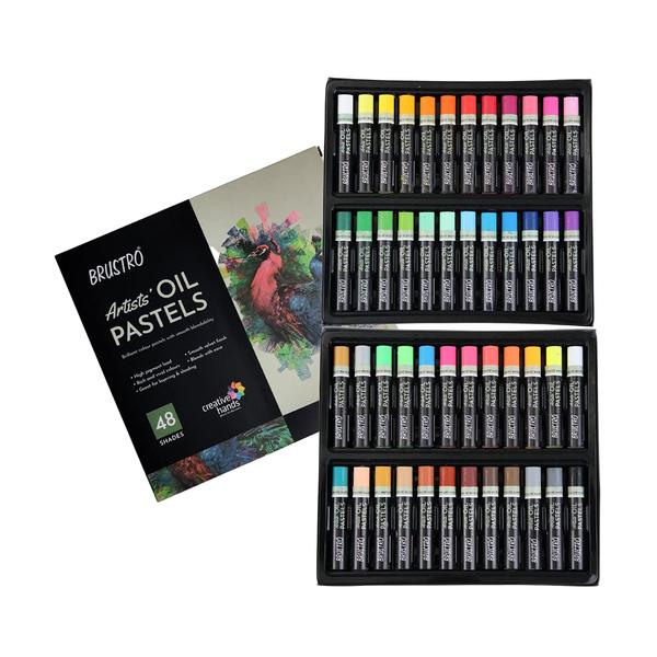 BRUSTRO Artists Oil Pastels | 48 Shades | Smooth, Multi-color, Intermixing, Bright and Intense Colors |Ideal for Students, Professionals, Non-Toxic, School.Assorted set of 48 high-end oil pastels with a smooth velvety finish.Rich vivid colors with a high pigment load.Blends easily and is great for layering and shading.Fade-resistant; formulated with finely ground pigments to give even color with a wide coverage.Perfect for creating illustrations, drawings, realistic art, etc., it can be used on paper, boards and canvas; ideal for professionals and students alike.Shades - White,Lemon Yellow,Cadmium Yellow,Chrome Yellow,Gamboge,Orange,Vermilion,Crimson,Burgundy,Lavender,Bubblegum,Rose Pink,Amethyst,Royal Purple,Prussian Blue,Cobalt Blue,Cerulean,Sky Blue,Mint Green,Pastel Green,Yellow Green,Bud Green,ViridianBottle Green,Pthalo Green,Flesh Tint,Yellow Ochre,Skin Tone Medium,Raw Sienna,Burnt Sienna,Red Oxide,Vandayke Brown,Raw Umber,Neutral Grey,Stone Grey,Black,Fl White,Fl Neon Yellow,Fl Orange Yellow,Fl Orange,Fl Scarlet,Fl Hot Pink,Fl Fuchsia, Fl Sapphire Blue,Fl Yellow Green,Fl Green,Silver,Gold,