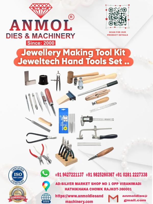 Jewellery Making Tool Kit – Jeweltec Hand Tools Set
Product Description
The Anmol Jewellery Making Tool Kit is a complete professional set designed for jewellers, craftsmen, and hobbyists. Whether you are shaping, cutting, measuring, or finishing, this kit has everything you need to create high-quality jewellery pieces with precision and ease.
Made from premium-grade materials and engineered with durability in mind, these tools ensure accuracy, comfort, and long-lasting performance. Perfect for both beginners and professional jewellery makers.
Kit Includes
✅ Pliers Set (Round Nose, Flat Nose, Chain Nose, Side Cutter)
✅ Wooden Hammer & Nylon Hammer
✅ Ring Mandrel with Sizes
✅ Digital Vernier Caliper
✅ Jeweller’s Saw Frame with Blades
✅ Ring Sizer Stick & Finger Gauge Set
✅ Needle File Set
✅ Divider & Tweezers
✅ Burnisher & Awl
✅ Polishing Tools
✅ Wooden Handle Tools
✅ Tool Stand for Easy Organization
Key Features
All-in-One Kit: Covers all essential jewellery-making processes – cutting, shaping, sizing, measuring & polishing.
High Precision: Tools designed for detailed work and accuracy.
Durable & Reliable: Made with high-quality materials for long life.
User-Friendly: Comfortable grip handles, easy to use for beginners & experts.
Organized Storage: Comes with tool stand for better workspace management.
Applications
✔ Goldsmith & Silversmith work
✔ Ring making & resizing
✔ Chain, pendant & earring designing
✔ Jewellery repairing & finishing
✔ Hobby & DIY jewellery crafting
Why Choose Anmol Dies & Machinery?
🔹 Trusted brand since 2000
🔹 ISO 9001:2008 Certified
🔹 Guaranteed 100% Original Product
🔹 Customer support & after-sales service
📍 Address: Silver Market Shop No.1, Opp. Viraniwadi, Hathikhana Chowk, Rajkot - 360001
📞 Contact: +91 9427221137 | +91 9825260367 | +91 0281 2227338
🌐 Website: www.anmoldiesandmachinery.com
📧 Email: anmoldies@gmail.com