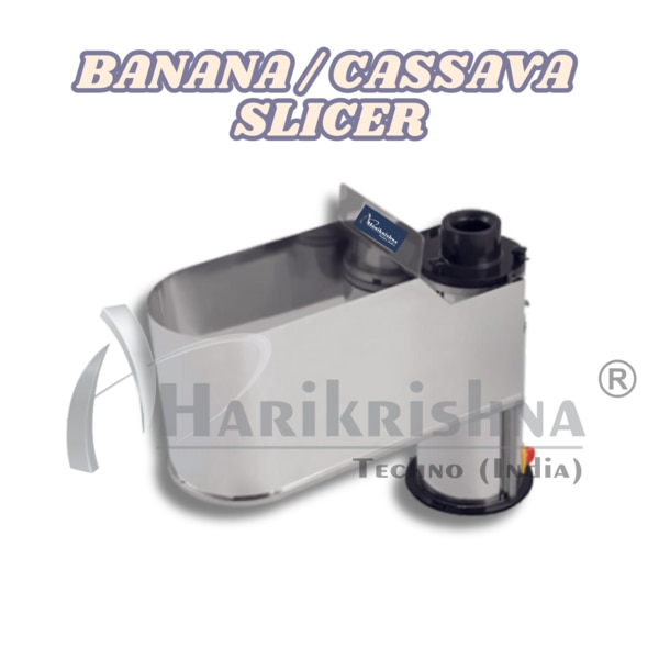The Harikrishna Techno (India) Banana/Cassava Slicer is a high-performance food processing machine designed for fast and efficient slicing. Perfect for commercial kitchens, snack food manufacturers, and other food businesses, this slicer is built to handle the demands of continuous operation while maintaining consistent results.Key Features & Specifications:    High Production Capacity: This machine can process up to 350 kg per hour, significantly boosting your production output and efficiency.    Speed Control: Equipped with a speed control feature, this machine allows you to adjust the slicing speed to match your specific needs.    Durable & Hygienic Design: Built with a sturdy stainless steel body for longevity and easy cleaning. The machine uses a durable aluminum die for precise and uniform slicing.    Convenient Blade System: It features a user-friendly system with “use and throw” (disposable) blades, making blade changes quick and simple while ensuring hygiene with every use.    Versatile Application: The slicer is specifically engineered to handle both bananas and cassava, providing a versatile solution for a range of food products.
