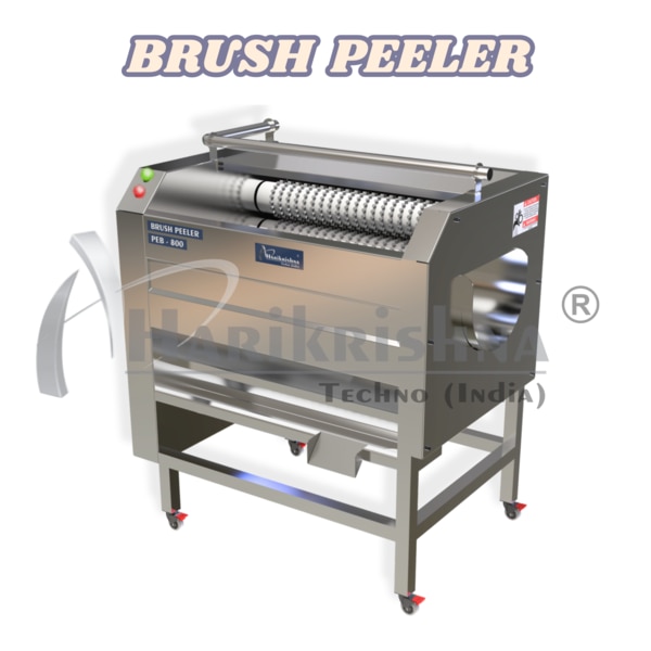  PEB-800  is a versatile food processing machine  for washing, scrubbing, and peeling various root vegetables and fruits.Brush-Based Action : The machine utilizes rotating cylindrical brushes to gently but effectively remove the outer skin or dirt from produce.   The brushes can vary in stiffness, from soft nylon for gentle washing to abrasive bristles for more vigorous peeling.Washing and Peeling : It serves a dual purpose, capable of both washing away surface dirt and peeling the outer layers of vegetables.This makes it suitable for a wide range of produce, including potatoes, carrots, ginger, and other root vegetables.Water Spray System : Integrated water spray nozzles continuously rinse the produce during the process, removing debris and peel.This ensures a clean and hygienic operation.Waste Discharge : Designed with system to efficiently remove waste peels and water.Roller Variation : The type of roller used, whether it is a softer brush, or a more abrasive roller, dictates the level of peeling that occurs. So machines can be set up to wash, or to peel, depending on the roller used.Efficiency : Significantly reduces manual labour and increases processing speed.Hygiene : Ensures thorough cleaning and peeling, meeting food safety standards.   Versatility : Adaptable to a wide range of produce and processing needs.Consistency : Provides uniform washing and peeling results.