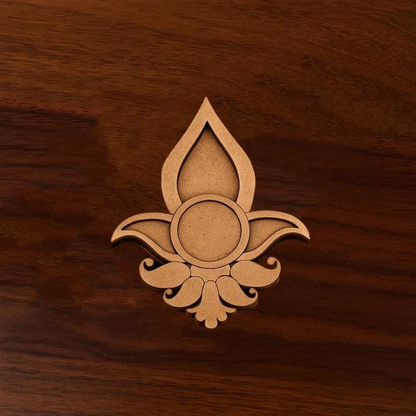 Pallavam MDF T-Light Holder Set Of 2Bring a touch of sacred warmth to your home with the beautifully crafted Pallavam MDF T-Light Holder. Featuring a flame-shaped floral motif, this laser-cut wooden diya stand adds elegance to your Diwali decoration, pooja space, or festive ambiance.Made from high-quality 4 mm MDF, it blends modern design with traditional Indian aesthetics—perfect for spiritual setups, gifting, or DIY décor projects.