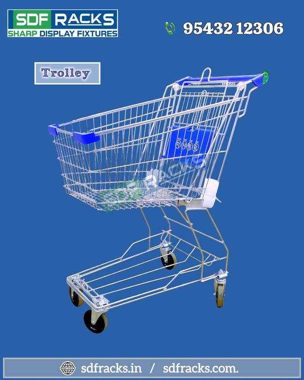 A shopping trolley is a wheeled cart provided by supermarkets and stores for customers to use while shopping. While the classic metal wire version is most common in stores, modern versions designed for personal use at home come in a variety of styles, materials, and features. Trolley with baby seat, Many standard trolleys have a dedicated flip-down seat for safely carrying an infant or small child.