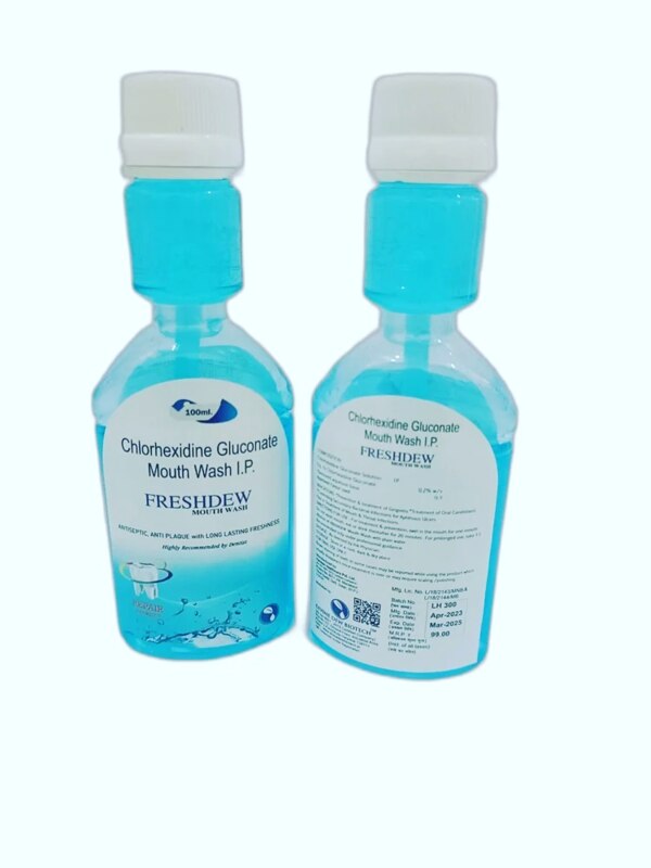 Freshdew Mouthwash is an advanced oral hygiene solution designed to provide long-lasting freshness while ensuring complete dental protection. Enriched with Chlorhexidine Gluconate, it acts as a powerful antiseptic to fight against harmful oral bacteria, preventing gum infections and oral diseases. The addition of Sodium Fluoride helps in strengthening tooth enamel, reducing cavities, and protecting against tooth decay. Zinc Chloride further enhances its action by reducing bad breath and maintaining oral cleanliness.