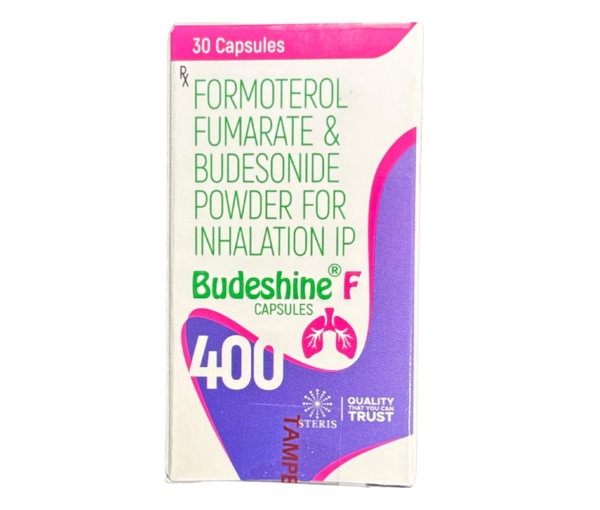 BUDESHINE F 400 CAP - This is a combination inhalation therapy used in the management of asthma and Chronic Obstructive Pulmonary Disease (COPD). Mechanism of Action:Formoterol Fumarate: A long-acting β2-adrenergic agonist (LABA) that relaxes airway smooth muscles, providing rapid and sustained bronchodilation.Budesonide: An inhaled corticosteroid (ICS) that reduces airway inflammation, swelling, and mucus production.Together, they offer dual action—quick relief of bronchospasm and long-term control of airway inflammation. Indications:Asthma (for patients not controlled adequately with inhaled corticosteroids alone).Chronic Obstructive Pulmonary Disease (COPD) with reversible airway obstruction.Prevention of asthma attacks and reduction of COPD exacerbations. Key Benefits:Provides fast and sustained relief from breathing difficulty.Controls both inflammation and bronchospasm.Reduces the frequency and severity of asthma/COPD flare-ups.Improves overall lung function and quality of life. Dosage and Administration:Administered via inhalation as directed by a physician.Dose depends on the severity of disease and patient response.Regular use is required for effective control—not for acute asthma attacks.(Exact dosing schedule to be prescribed by the doctor.)