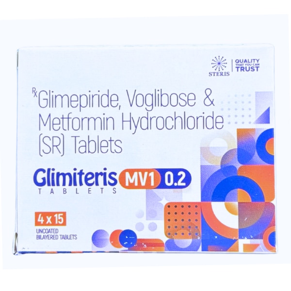 GLIMITERIS MV1 0.2 is an advanced fixed-dose combination (FDC) medication designed for adults with Type 2 Diabetes Mellitus (T2DM) who require more than lifestyle modifications or single/dual therapy to maintain optimal blood sugar levels. This innovative formulation brings together the power of three well-established antidiabetic agents—Glimepiride (1 mg), Voglibose (0.2 mg), and Metformin Hydrochloride SR (500 mg)—to provide comprehensive glycemic control.It is particularly effective for patients struggling with postprandial hyperglycemia, fasting glucose regulation, and HbA1c reduction, making it a preferred choice in cases of poorly controlled diabetes. Mechanism of ActionThe therapeutic benefit of GLIMITERIS MV1 0.2 comes from the unique synergy of its three components, each targeting different aspects of glucose metabolism:1. Glimepiride (1 mg) – SulfonylureaStimulates insulin secretion by activating pancreatic beta cells.Provides a long-lasting effect with comparatively lower hypoglycemia risk than older sulfonylureas.Helps reduce both fasting and postprandial glucose levels.2. Voglibose (0.2 mg) – Alpha-Glucosidase InhibitorDelays the breakdown and absorption of carbohydrates in the intestine.Minimizes post-meal glucose spikes (PPBG).Acts locally in the gut and has minimal systemic absorption, which reduces systemic side effects.3. Metformin Hydrochloride SR (500 mg) – BiguanideDecreases hepatic glucose production (gluconeogenesis).Improves peripheral insulin sensitivity, enhancing glucose uptake in muscles.Does not cause hypoglycemia on its own.The sustained-release (SR) formulation ensures extended control and reduces gastrointestinal side effects. IndicationsGLIMITERIS MV1 0.2 is indicated for:Adults with Type 2 Diabetes Mellitus.Patients inadequately controlled with monotherapy or dual therapy.Management of fasting and postprandial hyperglycemia.Long-term HbA1c reduction as part of a comprehensive diabetes care plan. Key Benefits✅ Comprehensive Blood Sugar Control – Acts on fasting, post-meal, and long-term HbA1c levels.✅ Postprandial Spike Management – Voglibose effectively controls carbohydrate-induced sugar surges.✅ Reduced Pill Burden – Combines three medicines into a single tablet.✅ Lower Hypoglycemia Risk – Metformin and Voglibose balance out Glimepiride’s insulin-secreting effect.✅ Weight Management Support – Metformin may promote modest weight loss or prevent weight gain.✅ Improved Tolerability – SR formulation of Metformin enhances gastrointestinal comfort. Dosage and AdministrationRecommended dose: One tablet once or twice daily with meals, or as directed by the physician.Administration tips:Take with the first bite of a main meal to maximize Voglibose’s effect.Swallow whole with water; do not crush or chew the SR tablet.Dose adjustments: Based on blood sugar monitoring, clinical response, and renal/hepatic function. ContraindicationsGLIMITERIS MV1 0.2 is not suitable for patients with:Type 1 diabetes or diabetic ketoacidosis.Severe renal impairment (eGFR <30 mL/min/1.73 m²).Hepatic dysfunction.Severe gastrointestinal diseases.History of lactic acidosis.Hypersensitivity to Glimepiride, Voglibose, or Metformin.Pregnancy and lactation (unless strictly advised by a physician). Warnings and PrecautionsHypoglycemia: Risk is higher when combined with other antidiabetics or with missed meals.Lactic Acidosis: A rare but life-threatening effect of Metformin—renal function monitoring is essential.GI Side Effects: Voglibose and Metformin may cause bloating, flatulence, or diarrhea (usually temporary).Vitamin B12 Monitoring: Long-term Metformin use may reduce B12 absorption.Liver and Kidney Function: Regular monitoring is recommended for safe long-term use. Adverse EffectsCommon:Glimepiride: Mild hypoglycemia, dizziness, slight weight gain.Voglibose: Gas, abdominal discomfort, mild diarrhea.Metformin SR: Nausea, bloating, metallic taste, loose stools.Rare but Serious:Lactic acidosis (from Metformin).Severe hypoglycemia (especially if meals are skipped).Allergic reactions such as rash, itching, or swelling.Elevated liver enzymes.Seek medical attention if symptoms such as rapid breathing, confusion, severe fatigue, or muscle pain occur. Drug InteractionsIncreased hypoglycemia risk: With insulin, beta-blockers, and sulfonylureas.Reduced Metformin efficacy: With corticosteroids, estrogens, and diuretics.Lactic acidosis risk: Higher with alcohol or iodinated contrast agents.