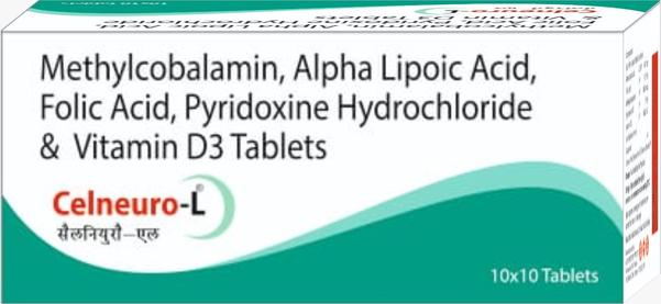 Product Name               :  CELNEURO-L     Pruduct  Description   : Methylcobalamin 1500 MCG + alpha lipoic acid 100 mg + folic acid 1.5 mg + vitamin B1 10 mg + vitamin B6 3 mg capsulePACKING                          : 10 TabletsClassification                 :  Peripheral Neuropathy,homocysteinemia,Post Traumatic Neuropathy,Diabetic NeuropathyForm                                 :  Tablets          Uses                                  : Nerve Rejuvenators             Side Effects                   : Stomach pain, indigestion, constipation, loose motions