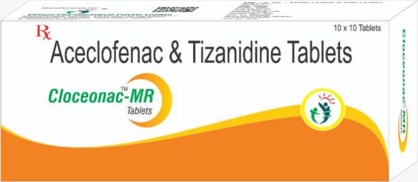 Product Name               :  CLOCEONAC-MR      Pruduct  Description     : Aceclofenac 100mg + Tizanidine 2mg tabletsPACKING                        : 10 TabletsClassification                 :  ANTI-SPASMODICSForm                              :  Tablets          Uses                              : Pain relief               Side Effects                   : Stomach pain, indigestion, constipation, loose motions