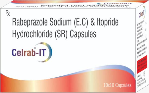 Product Name               :  CELRAB-ITPruduct  Description   : Rabeprazole Sodium + Itopride Hydrochloride  capsulesPacking                         : 10 CapsulesClassification                 : ANTACID AND ANTI-REFLUXForm                                 :  Capsules     Uses                                  :Acid reflux disease, heart burn, chest discomfort, aciditys                   Side Effects                   : Nausea, headache, diarrhoea, stomach pain, dry mouth