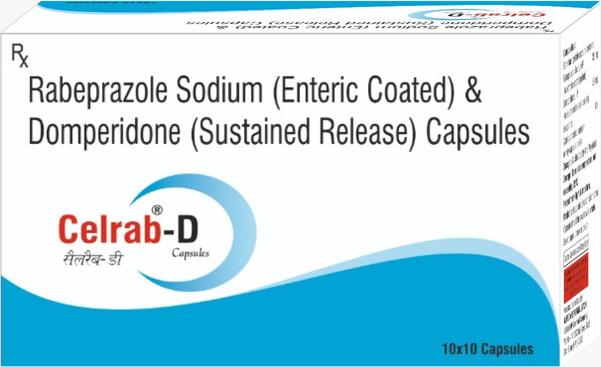 Product Name                :  Celrab-D  Pruduct  Description     : Rabeprazole 20Mg + domperidone 30MgPACKING                         : 10 TabletsClassification                  :  AntacidForm                               :  Tablets          Uses                                :  Acid reflux disease, heart burn, chest discomfort, aciditys                   Side Effects                     : Nausea, headache, diarrhoea, stomach pain, dry mouth