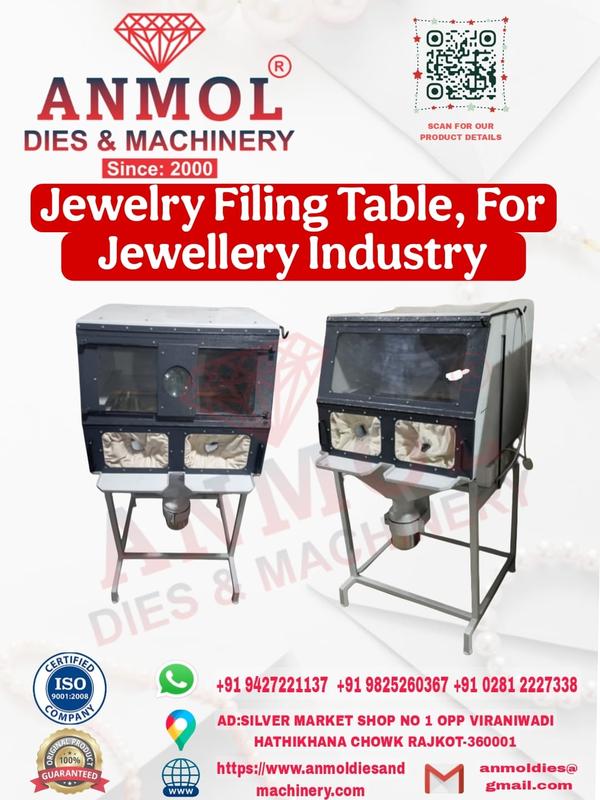 Jewelry Filing Table – For Jewellery Industry
Brand: Anmol Dies & Machinery
Model: Jewellery Filing Table
Use: Ideal for Goldsmiths & Silver Jewellery Manufacturing
Product Description:
The Jewelry Filing Table by Anmol Dies & Machinery is specially designed for precision filing, polishing, and cleaning work in jewellery manufacturing. Built with a strong and ergonomic structure, this table provides a safe and dust-free working environment for artisans. It comes with a transparent front cover and dust collector system, ensuring cleanliness and efficiency during jewellery filing operations.
Key Features:
💎 Durable Construction: Heavy-duty metal body for long-lasting performance.
🌬️ In-Built Dust Collector: Collects fine metal dust to reduce material loss.
🔧 Ergonomic Design: Comfortable working height and enclosed workspace.
🔍 Transparent Window: Allows clear visibility while filing and polishing.
⚙️ Easy Maintenance: Removable filters and smooth operation.
⚡ Power Efficient: Designed for continuous workshop use.
Applications:
Jewellery filing and polishing
Gold and silver jewellery manufacturing units
Workshop and repair shop use
Specifications:
Type: Filing & Polishing Table
Material: MS Body / Stainless Steel (as per order)
Finish: Powder-coated / Polished
Power: Single Phase Electric (optional suction)
Dimensions: Custom sizes available
Why Choose Anmol Dies & Machinery?
Since 2000 – Trusted in the Jewellery Industry
ISO 9001:2008 Certified Company
100% Original Product Guarantee
Expert Support & After-Sales Service
📍 Address: Silver Market Shop No. 1, Opp. Viraniwadi, Hathikhana Chowk, Rajkot – 360001
📞 Contact: +91 9427221137 | +91 9825260367 | +91 0281 2227338
🌐 Website: www.anmoldiesandmachinery.com
✉️ Email: anmoldies@gmail.com