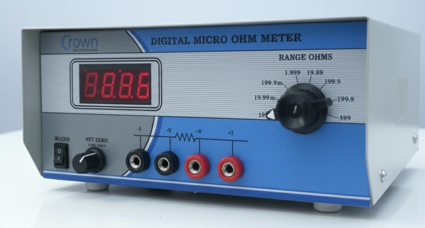 We are the Leading Digital Micro Ohm Meter - 53 C Manufacturers, Suppliers in Delhi | India “CROWN” made DIGITAL MICRO OHM METER is a compact high reliability 3 1/2 digit instrument suitable for measurement of resistivity of copper wires from 70 SWG to 50 SWG resistance of cables , windings , coils , heater elements 8“ contact resistance of switches , relays etc. Emphasis in the Idesign of this instrument has been to provide quick , stable repeatable readings of resistance . The instrument uses 4 terminal measurement so that resistance of test leads contacts in eliminated from test results .Actual value of resistor is directly displayed on seven segment 12.5mm displayWARMUP Time for rated accuracy = 3 min.INPUT VOLTAGE : 230V AC + 10% 10W Approx.OVER RANGE : Three most significant digit blank & ‘1’ appears 