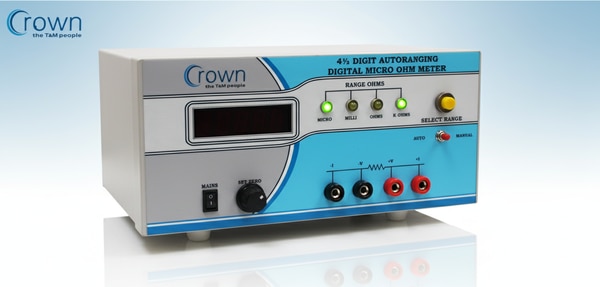 CROWN made DIGITAL MICRO OHM METER compact high reliability 4 digit instrument suitable for measurement of resistivity of copper wires from 70 SWG to 50 SW Gresistance of cables, windings, coils, heater elements & contact resistance of switches , relays etc. Emphasis in the design of this instrument has been to provide quick , stable & repeatable readings of resistance . The instrument uses 4 terminal measurement so that resistance of test leads & contacts in eliminated from test results . Actual value of resistor is directly displayed on seven segment 12.5mm display .We are the Leading 4.5 Digit Digital Micro Ohm Meter Manufacturers, Suppliers in Delhi | India