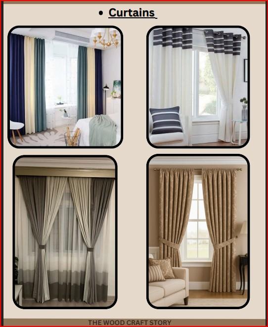CurtainsAhmad WOOD Craft https://www.thewoodcraftstory.comCurtains are pieces of fabric hung to block light, provide privacy, or decorate a window. They can also be used as room dividers or to conceal areas, and the term “curtain” has a specific meaning in theater for the large screen that separates the stage from the audience. Curtains also serve functional purposes like controlling room temperature, preventing drafts, and influencing room ambiance and decor.  Uses of curtainsWindows: The most common use is to hang curtains at windows to control the amount of natural light that enters a room. Dividers: Curtains can be used to divide large rooms into smaller, more private areas. Concealment: They are also used to hide unsightly areas or create a more decorative background. Theater: In a theater, a “curtain” is the large hanging piece of fabric that conceals or reveals the stage. Functional aspectsLight control: Curtains help regulate the amount of light entering a room, from sheer drapes that diffuse light to blackout curtains that block it completely. Privacy: They provide a barrier for privacy, preventing outsiders from seeing inside. Insulation: Curtains can help insulate a room by preventing heat from escaping or entering, and reducing drafts from doors or windows. Decorative aspectsRoom ambiance: Curtains add to the overall look and feel of a room, affecting its ambiance and style. Aesthetics: They are a key element of interior design, and can be used to create a sense of luxury or comfort through their folds and how they fall. 