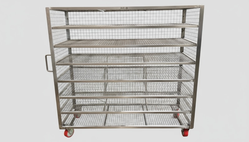 It is a 7 Shelfed trolley made of Weldmesh for fast cooling and it is covered form weldmesh from 3 sides 