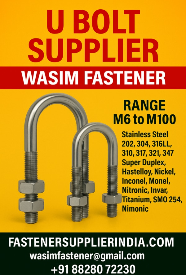 SS 316 U Bolt S SS 316L U Bolt SS 304 U Bolt SS U Bolt SS 316 U Bolt Manufacturer & Supplier in India Wasim Fastener is a leading manufacturer, exporter, and supplier of Stainless Steel U Bolts in India.We offer SS 316, SS 316L, and SS 304 U Bolts designed for pipe support, structural fittings, and heavy-duty industrial applications.Our U Bolts are manufactured from high-grade stainless steel for superior corrosion resistance, strength, and durability.Available Range: M6 to M100Material Grades: SS 202, SS 304, SS 316, SS 316L, 310, 317, 321, 347, Super Duplex, Hastelloy, Inconel, Monel, Titanium, SMO 254, NimonicFinish: Polished / Passivated / Hot Dip GalvanizedShape: Round Bend / Square Bend / J-TypeThread Type: Full or Half ThreadStandard: ASTM / DIN / ISOApplications:Pipe Clamping & SupportMarine & Offshore ProjectsConstruction & Structural FittingsMachinery InstallationPetrochemical & Chemical Plants⚙️ Key Features:Heavy-duty and precision-threadedCorrosion & rust resistantLong-lasting and reusableAvailable with nuts & washersCustom sizes and finishes available