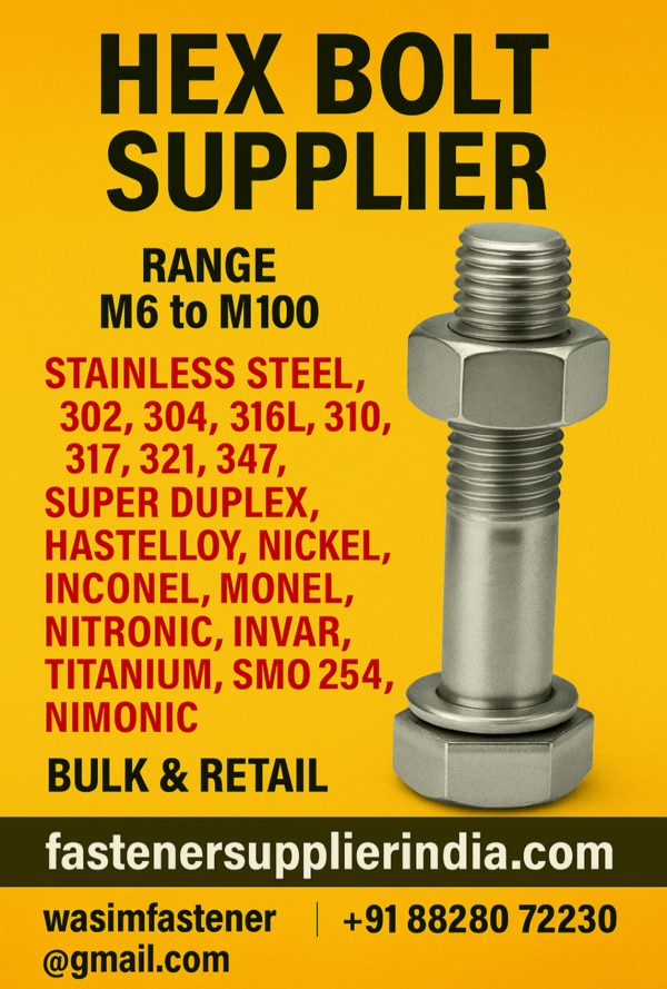 Wasim Fastener is a leading manufacturer, exporter, and supplier of Stainless Steel Hex Bolts in India.We offer SS 304, SS 316, and SS 316L Hex Bolts designed for construction, engineering, petrochemical, and marine applications.Our bolts are manufactured using premium-grade stainless steel and high-nickel alloys to ensure high tensile strength, corrosion resistance, and dimensional accuracy.✅ Available Range: M6 to M100✅ Material Grades:SS 302, SS 304, SS 316, SS 316L, SS 310, SS 317, SS 321, SS 347,Super Duplex, Hastelloy, Nickel, Inconel, Monel, Nitronic, Invar, Titanium, SMO 254, Nimonic✅ Finish: Polished / Passivated / Hot Dip Galvanized / Zinc Coated✅ Head Type: Hex Head / Full Thread / Half Thread✅ Standard: ASTM / DIN / ISO / BS / ANSIApplications:Construction & InfrastructureMarine & Offshore ProjectsOil & Gas & Petrochemical PlantsHeavy Machinery & EquipmentAutomotive & Engineering Components⚙️ Key Features:Corrosion-resistant & durable stainless steel constructionPrecise threading for firm grip and easy tighteningAvailable in metric and inch seriesCustom manufacturing as per drawingSupplied with matching nuts & washers