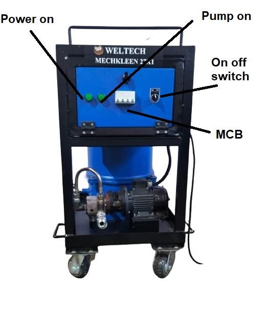 MECHKLEEN , as the name suggest is a mechanical filtration unit equipped with depth filters having micron rating upto 3 microns.
MECHKLEEN is a typical Bypass Filtration System having with an independent pump and motor to continously keep the oil clean.
MECHKLEEN  is available in different models and is designed to efficiently and cost effectively clean fluids in consoles having oil content from 50 litres to 7500 litres. 
MECHKLEEN has a strainer at the inlet and a DP guage to indicate choking of the filter.