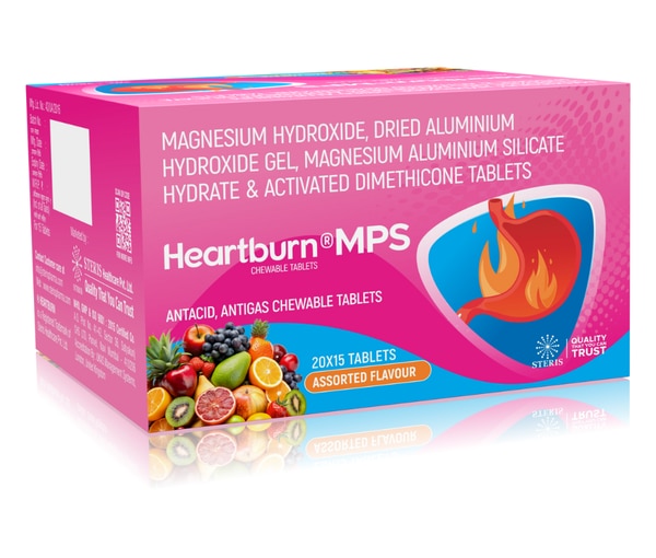 Heartburn MPS Chewable Tablets are a fast-acting, reliable solution for relieving acidity, heartburn, bloating, and gas. Formulated with a combination of antacid and antiflatulent ingredients, Heartburn MPS provides quick and soothing relief from digestive discomfort caused by acid reflux, indigestion, or excessive gas formation.
Composition (Each Uncoated Chewable Tablet Contains):
Activated Dimethicone I.P. – 50 mg
Helps reduce gas and bloating by breaking down gas bubbles in the stomach and intestines.
Magnesium Hydroxide I.P. – 250 mg
Neutralizes excess stomach acid and relieves symptoms of acidity and indigestion.
Dried Aluminium Hydroxide Gel I.P. – 250 mg
Provides rapid acid neutralization and offers a soothing protective coating on the stomach lining.
Magnesium Aluminium Silicate Hydrate – 50 mg
Acts as a stabilizer and enhances the consistency and effectiveness of the antacid formulation.
Colours:
Mint Tablet: Erythrosine & Ponceau 4R
Orange Tablet: Sunset Yellow FCF
Mixed Fruit Tablet: Quinoline Yellow WS & Sunset Yellow FCF
Indications / Uses
Heartburn MPS Chewable Tablets are indicated for the symptomatic relief of:
Heartburn and Acidity
Gas and Bloating
Indigestion and Sour Stomach
Gastric Discomfort and Flatulence
It can be taken whenever symptoms of acidity or gas are pronounced, especially after meals.
Mechanism of Action:
The combination of Magnesium Hydroxide and Aluminium Hydroxide works by neutralizing stomach acid, thus reducing the burning sensation and discomfort caused by acid reflux.
Meanwhile, Activated Dimethicone helps relieve bloating and abdominal fullness by dispersing trapped gas. This synergistic action provides quick, long-lasting comfort.
Dosage & Administration:
Recommended Dose:
1 to 2 tablets to be chewed ½ to 1 hour after meals or whenever symptoms occur.
Do not take more than 10 tablets in 24 hours.
Do not exceed the recommended dose or use the medication for more than two weeks without consulting a physician.
Storage Instructions:
Store in a cool, dry, and dark place at a temperature not exceeding 30°C.
Keep out of reach of children.
Protect from light and moisture.
Safety & Precautions:
Kidney Patients: Those with kidney disease should use this medication only under medical supervision.
Long-Term Use: Prolonged or excessive use may alter electrolyte balance; consult a doctor if symptoms persist.
Pregnancy & Lactation: Use under medical advice.
Possible Side Effects:
Heartburn MPS is generally well tolerated. However, some users may experience mild:
Constipation or Diarrhea
Stomach Cramps
Nausea (rare)
If any of these persist or worsen, seek medical attention promptly.
Key Benefits of Heartburn MPS:
 Instant Relief: Rapid action against acidity and gas discomfort.
 Dual Action Formula: Combines antacid and antiflatulent properties.
 Pleasant Flavors: Available in Mint, Orange, and Mixed Fruit variants.
 Convenient Chewable Form: No water needed; easy to use anywhere.
 Safe & Effective: Manufactured under ISO 9001:2015 & WHO-GMP Certified facilities.
Manufacturer Information:
Manufactured by:
Lucent Biotech Limited (Unit-II)
(An ISO 9001:2015 & WHO GMP certified company)
165/3, Nalhera-Amanpur, Roorkee-247667,
Dist. Haridwar, Uttarakhand, India.
Why Choose Heartburn MPS?
Heartburn MPS stands out as a trusted, fast-acting antacid solution that provides reliable relief from acidity and gas. It’s manufactured under stringent pharmaceutical standards, ensuring quality, safety, and consistent effectiveness in every tablet. Whether it’s a post-meal burning sensation or bloating discomfort, Heartburn MPS delivers gentle yet powerful relief whenever you need it.