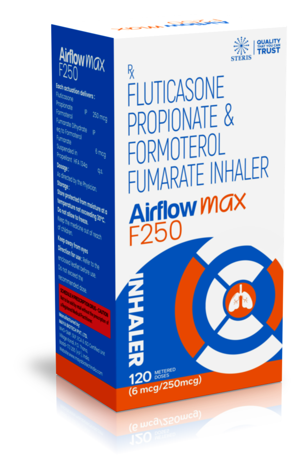 INH AIRFLOW MAX F250 combines two trusted respiratory agents — Formoterol (6 mcg) and Fluticasone (250 mcg) — in one convenient inhaler. This dual-therapy formulation is designed to deliver both rapid bronchodilation and long-term anti-inflammatory control, helping patients manage asthma and chronic obstructive pulmonary disease (COPD) more effectively.
Manufactured by Steris Healthcare Pvt. Ltd., INH AIRFLOW MAX F250 ensures reliable performance, quality assurance, and enhanced patient compliance.
Key Indications
INH AIRFLOW MAX F250 is indicated for:
Asthma Maintenance Therapy: Provides long-term control of moderate to severe asthma.
Symptom Relief: Reduces shortness of breath, wheezing, chest tightness, and airway inflammation.
COPD Management: Controls chronic respiratory symptoms and reduces the frequency and severity of COPD exacerbations.
Mechanism of Action
INH AIRFLOW MAX F250 works through two complementary mechanisms:
1. Formoterol (6 mcg) — Long-Acting Beta Agonist (LABA)
Action: Relaxes airway smooth muscles for rapid and sustained bronchodilation.
Benefit: Provides relief within minutes and lasts up to 12 hours.
2. Fluticasone (250 mcg) — Corticosteroid
Action: Reduces airway inflammation and prevents swelling of the bronchial walls.
Benefit: Improves long-term respiratory control and reduces the risk of asthma attacks.
Together, these agents ensure both immediate symptom relief and prolonged protection against respiratory flare-ups.
Dosage and Administration
Recommended Dose: As prescribed by a physician — usually one or two inhalations twice daily.
Route: Oral inhalation only.
Timing: Use at the same time each day for best results.
Technique: Shake well before use and rinse mouth after each use to prevent throat irritation or infection.
⚠️ Always follow your doctor’s instructions. Do not self-adjust or discontinue the medicine without consultation.
Key Benefits of INH AIRFLOW MAX F250
 Provides dual-action relief — rapid bronchodilation + anti-inflammatory control.
 Ensures better breathing comfort and reduced daily symptoms.
 Prevents asthma and COPD exacerbations, improving long-term lung function.
 Convenient single-inhaler therapy improves adherence and treatment consistency.
 Suitable for chronic use under medical supervision.
Possible Side Effects
Common Side Effects:
Throat irritation or hoarseness
Mild headache
Tremor or shakiness
Nausea or cough
Serious but Rare Side Effects:
Respiratory infections (e.g., pneumonia)
Allergic reactions (rash, swelling, or difficulty breathing)
Reduced bone density with long-term steroid use
Rinse your mouth after each inhalation to lower the risk of oral thrush or irritation.
Safety and Precautions
Inform your physician about any heart, liver, or thyroid conditions before starting therapy.
Not recommended during pregnancy or breastfeeding unless medically advised.
Avoid exposure to tobacco smoke or environmental irritants.
Regular lung function monitoring is recommended for long-term users.
Storage Instructions
Store below 30 °C, in a cool, dry place away from direct sunlight.
Keep the inhaler tightly closed and out of reach of children.
Do not use after the expiry date printed on the label.
Why Choose INH AIRFLOW MAX F250
Developed by Steris Healthcare Pvt. Ltd., a trusted leader in respiratory care.
Combines proven molecules for optimized asthma and COPD management.
Ensures consistent dosing accuracy and ease of use.
Backed by clinical reliability and patient-focused innovation.