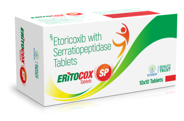 ERITOCOX SP is a prescription medication that combines Etoricoxib, a selective COX-2 inhibitor, with Serratiopeptidase, a proteolytic enzyme. This combination is designed to provide effective relief from pain and inflammation while promoting faster recovery.
Etoricoxib works by blocking cyclooxygenase-2 enzymes, which are responsible for producing pain and inflammation mediators in the body. Serratiopeptidase enhances the breakdown of protein-based debris at inflamed sites, supporting reduction of swelling and improved tissue healing.
Key Uses
ERITOCOX SP is used for
Relief of musculoskeletal pain such as arthritis, back pain, and joint pai
Management of post-operative inflammation and pai
Treatment of soft tissue injuries including sprains, strains, and bruise
Reducing swelling and edema in inflammatory conditions
How ERITOCOX SP Works
Etoricoxib selectively inhibits COX-2 enzymes, reducing the production of prostaglandins responsible for pain and inflammation
Serratiopeptidase helps break down protein debris at inflamed sites, facilitating faster reduction of swelling and promoting tissue repair
Together, they provide dual action: rapid pain relief and improved recovery from inflammation.
Dosage and Administration
ERITOCOX SP should be taken orally as prescribed by a doctor.
Usually taken once or twice daily, preferably after meals to minimize gastrointestinal discomfort.
Swallow the tablet whole with water; do not crush or chew.
Follow your doctor’s instructions carefully and avoid self-medicating.
Key Benefits
Rapid pain relief from acute and chronic conditions
Effective anti-inflammatory action for joints and soft tissues
Reduces swelling and improves mobility
Supports faster recovery after surgery or injury
Convenient dosing for better compliance
Side Effects
ERITOCOX SP is generally well-tolerated, but some patients may experience:
Mild gastrointestinal discomfort such as nausea or stomach pain
Dizziness or headache
Rare allergic reactions or skin rashes
Long-term use may require monitoring for kidney or liver function
Precautions
Not recommended for patients with peptic ulcers, kidney or liver disease, or known allergies to NSAIDs
Avoid combining with other anti-inflammatory medications unless advised by a doctor
Use caution during pregnancy and breastfeeding
Avoid alcohol as it may increase the risk of stomach irritation