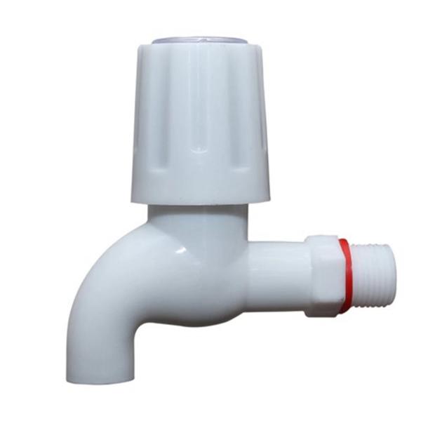 It is made of polyvinyl chloride (PVC), a durable and corrosion-resistant plasticBib cocks are commonly used in residential plumbing for sinks, showers, and outdoor garden taps. The design is intended to be leak-proof and is often used in kitchens and bathrooms. The tap is designed for easy installation and is operated with a handle to control the water flow.