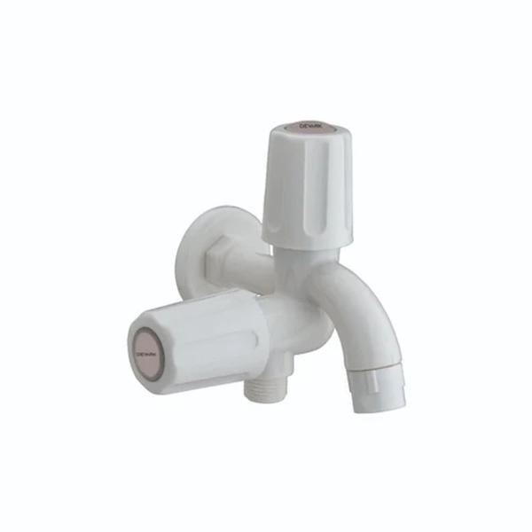 A PVC Two Way Bib Cock is a plumbing fixture (faucet/tap) made from Polyvinyl Chloride plastic that provides two independent water outlets from a single wall-mounted connection point. The design typically features a robust construction and precision-engineered components to prevent leaks and water wastage They are commonly available in white or ivory finishes, offering a clean, modern look that blends well with various decors.