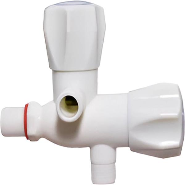 A PVC two-way angle cock is a plastic, wall-mounted valve with two separate outlets to control water flow from a single inlet. 
PVC valves are affordable and corrosion-resistant, making them a budget-friendly option for bathrooms, kitchens, and other domestic plumbing applications.
 For higher pressure or more demanding situations, a brass angle cock is a more durable, but expensive, alternative.
