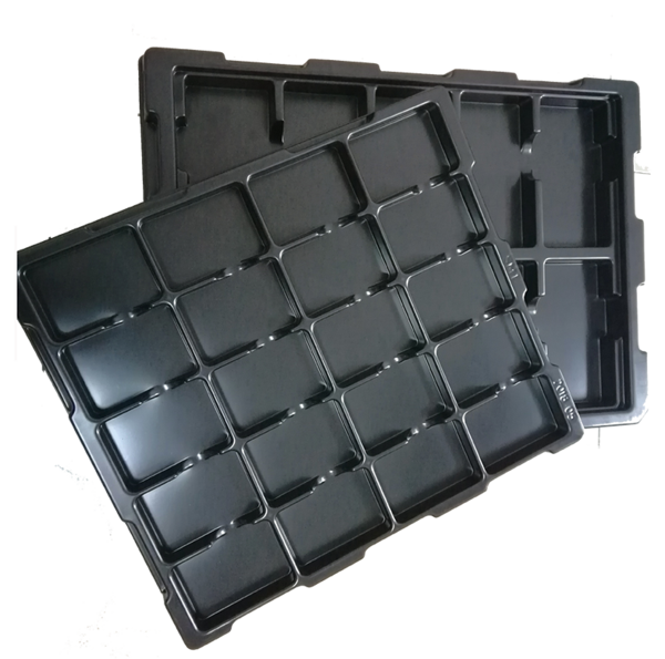 ESD Thermoforming Trays—also known as anti-static trays—are specialized blister packaging solutions made from PP or PS plastic. Designed for static-sensitive applications, these trays feature surface resistance values below 10^6 Ω or within the range of 10^6 to 10^9 Ω, ensuring effective electrostatic discharge protection.