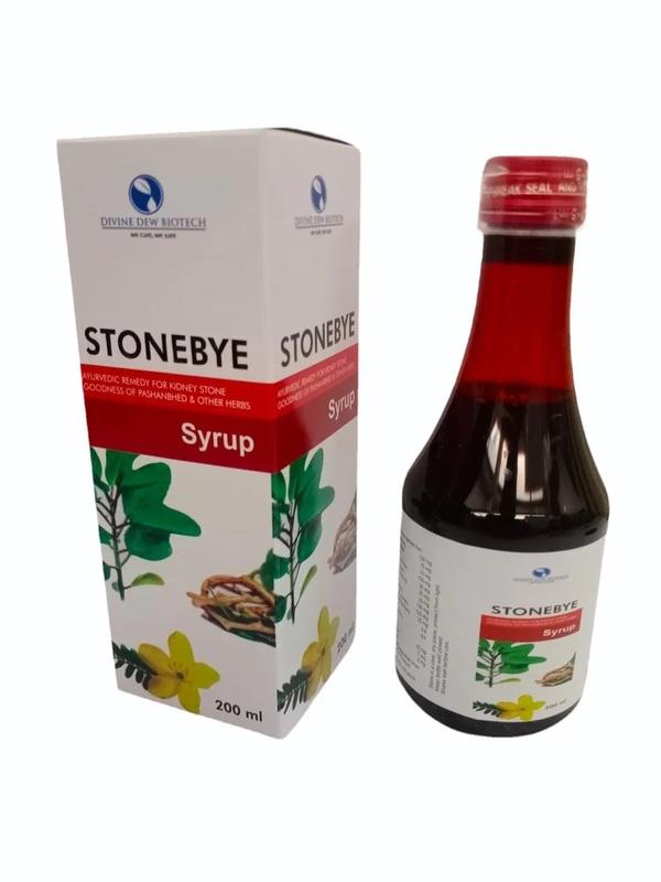 Divine Dew Biotech Stonebye Syrup is a natural Ayurvedic formulation crafted to support kidney health and aid in the management of urinary stones. It combines the healing power of Pashanbhed and other traditional herbs known for their stone-dissolving and diuretic properties.This herbal syrup helps to break down kidney stones, ease their passage, and prevent future formation by maintaining the balance of salts and minerals in the urinary tract. It also provides relief from pain, burning sensations, and urinary discomfort, making it a reliable natural remedy for urinary system disorders.Regular use of Stonebye Syrup helps cleanse and detoxify the kidneys, promote healthy urine flow, and support overall renal wellness — without any harmful chemicals or side effects.
