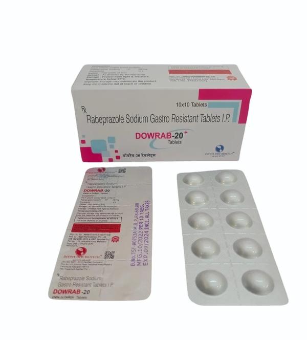 DOWRAB-20 tablets contain Rabeprazole Sodium (20 mg), a potent proton pump inhibitor (PPI) used to reduce excess acid in the stomach. These tablets are gastro-resistant, meaning they are specially coated to prevent dissolution in the stomach acid and ensure that the active ingredient is released in the intestine, where it can be absorbed properly.This medicine helps in providing effective relief from acid-related disorders such as heartburn, acid reflux, indigestion, stomach ulcers, and gastroesophageal reflux disease (GERD). By reducing acid production, Rabeprazole allows the esophagus, stomach, and duodenal lining to heal and prevents further irritation.DOWRAB-20 works by blocking the hydrogen-potassium ATPase enzyme (proton pump) found in the lining of the stomach, which is responsible for secreting gastric acid. This inhibition significantly decreases acid levels, offering long-lasting relief from discomfort and aiding in ulcer healing.