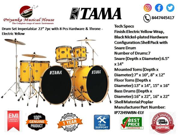 Now you can rock the bright yellow scheme and gargantuan setup of the 72 Seasons-styled Lars Ulrich 40th Anniversary shell pack, without the equally massive price tag! Enter: the TAMA Imperialstar. PRIYANKA MUSICAL HOUSE percussion pros know that players embarking on and advancing through their drumming journeys need a shell pack that packs a few extra goodies to get the grooves rolling sooner rather than later — and this 7-piece delivers! Packing a proper punch and crisp sensitivity from its 6-ply poplar construction, this Imperialstar provides a versatile palette that’s great for pupils of rock, jazz, metal, pop — you name it! Top-notch shell hardware, like stick-forgiving triple-flanged hoops and classic Original Small lugs, hosts fantastic conveniences to help all players feel right at home behind the skins. Plus, this Imperialstar comes loaded with a stand hardware set and chain-drive kick pedal that will immediately help fill some setup gaps.
6-ply poplar shells
Poplar shells make a sensible choice for drummers for a variety of reasons. Not only are they lightweight and incredibly cost-effective, but they provide many of the percussive traits that advanced players look for in medium- and top-tier kits. While not as momentous as maple, poplar still provides the round, impactful definition that brings drum tracks to life. It’s also noticeably crisp in response, making each shell a phenomenal platform for precise patterning. To top it off, the Imperialstar features TAMA’s Precision Bearing Edges, ensuring that each drumhead delivers remarkably even vibration transfer to the shell for a pure and balanced tone.



Well-performing hardware
The finer details ornamenting each shell play a massive role in the Imperialstar punching above its weight. Such elements include charming Original Small lugs and triple-flanged hoops, the latter of which not only offer a safer landing spot for your sticks but also promote a wide tuning range for setting the tension of your kit as high or low as you like.

This pack also includes all the stand hardware you need to get set up. You'll receive a double-tom stand, hi-hat stand, snare stand, two boom cymbal stands, and a straight cymbal stand. Plus, TAMA is even throwing in a bass drum pedal for good measure!

Tributing 40+ years of Lars and TAMA
In 2024, we celebrated four decades of Lars Ulrich and TAMA's partnership, a powerhouse pairing established in 1984, when Metallica was beginning to make some serious waves. And this shell pack makes an excellent tribute! The striking yellow scheme harnesses the spirit of Metallica’s 2023 album, 72 Seasons, with matching TAMA-branded Remo bass drum resonant heads. While this shell pack is not an official Lars Ulrich 40th Anniversary model, its dimensions and color scheme match that of 2024's limited run drum set — now priced for all players to enjoy!



Cymbals not included.
TAMA Imperialstar 7-piece Shell Pack Features:
Fantastic and accessible 7-piece for drummers and Metallica fans of all experience levels
Sized and schemed in tribute to the original 2024 40th Anniversary 72 Seasons shell pack
6-ply poplar shells offer plenty of presence and articulation
Precision Bearing Edges supply pure, balanced drumhead response
Triple-flanged hoops deliver wide tuning range and forgiving feel
Original Small lugs batten down intonation for consistent sound
Double-braced hi-hat, snare basket, tom stand, dual boom cymbal stands, and straight cymbal stand promote remarkable stability
Speedy and responsive chain-drive kick pedal included