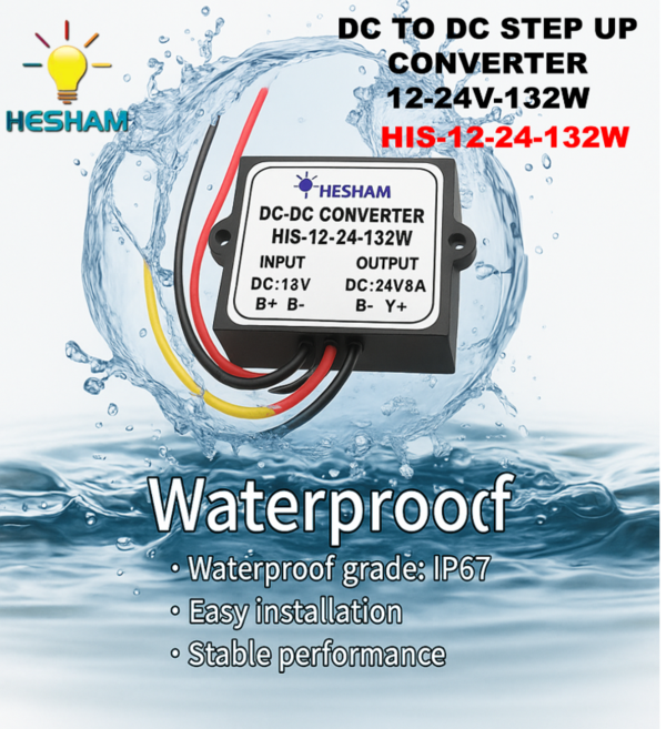 ♦ Product Name DC TO DC CONVERTER 12-24V-132W]♦ Model No.: HIS-12-24-132W♦ Input Voltage: DC 12V♦ Input Voltage Range: DC 9-23V♦ Output Voltage: DC 24V♦ Output Current: 5.5A♦ Output Power: 132W♦ Conversion Efficiency: >93%♦ Cable Length: 13-14cm♦ Ripple (Full load test)40mV♦ No-load current: : 3.5mA♦ Working Temperature: -40~80℃( If ambient temperature exceeds 40°C, lower power use, or to enhance heat dissipation)♦ Waterproof Rating: IP67♦ Protection: Over-current /Over-voltage/Over-heat/Short-circuit Waterproof, Anti-shock , Anti-dust protection♦ Material: ABS Plastic