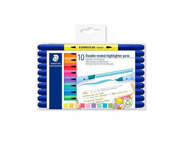 Double-ended highlighter pensHousing made of 97% recycled plasticWater-based inkChisel tip for highlighting large blocks of text and underliningBrush tip for broader highlighting, expressive lettering and decorative elementsavailable in 10 colours