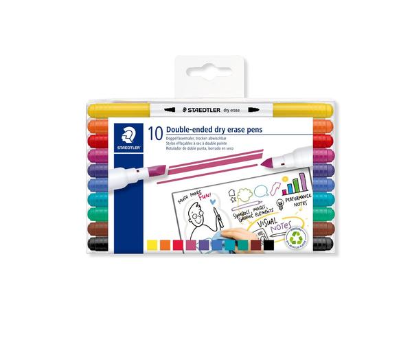 Double-ended dry erase pensHousing made of 97% recycled plasticDry wipe from most smooth surfacesChisel tip for broad strokes and filling in blocks of colorBroad tip with a fine point for more precise lettering on smaller surfacesavailable in 10 colours