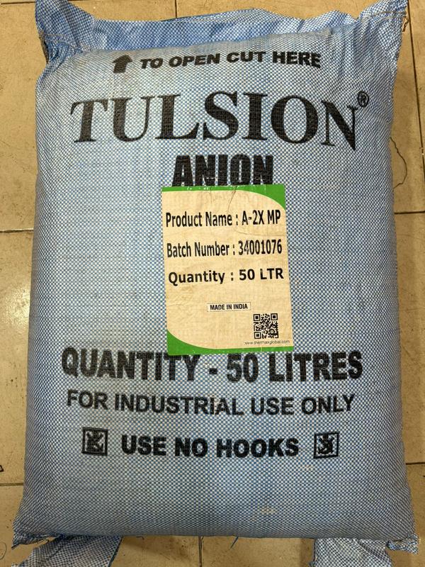 Tulsion A‑2X MP is a macroporous weak base anion (WBA) exchange resin from Thermax, designed for demineralization/dealkalization duty and condensate/process water polishing where organic fouling resistance and efficient caustic regeneration are important. It is a styrene–divinylbenzene resin with tertiary amine functional groups, supplied in free‑base form and typically regenerated with caustic soda for operation in the OH− cycle.
What it is
Macroporous weak base anion resin with tertiary amine functionality on a polystyrene‑DVB matrix, supplied as moist spherical beads in free‑base form for use in anion exchange service.
Optimized for high operating capacity with low rinse water demand and superior resistance to organic fouling versus gel‑type WBA resins.