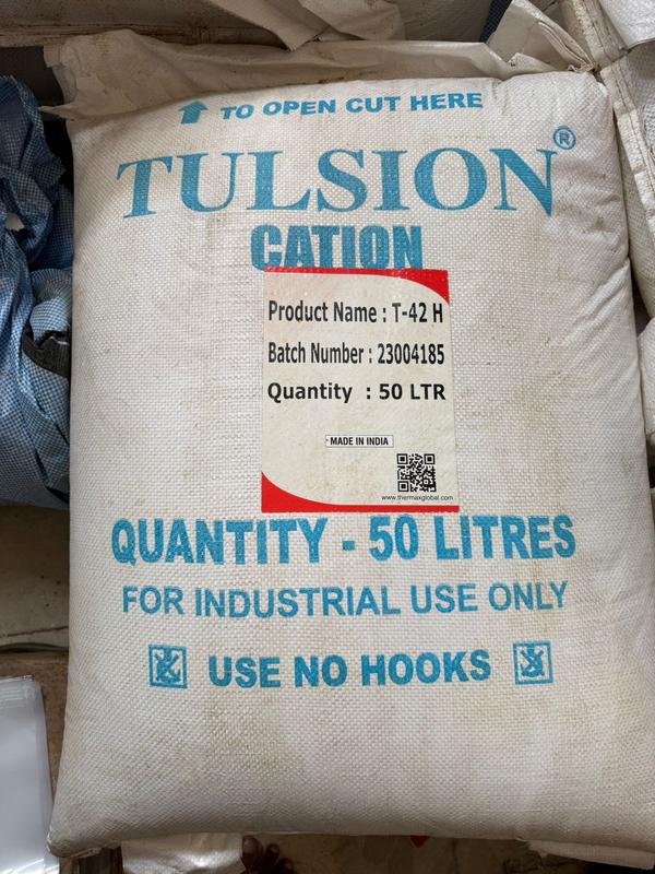 Tulsion T-42 Na+ (Thermax make) is a premium strong acid cation (SAC) exchange resin supplied in the sodium form, commonly used for water softening, dealkalization pre-treatment, and as a cation bed in demineralization trains. It consists of sulfonated polystyrene-divinylbenzene beads with high exchange capacity and excellent mechanical/osmotic stability.What it isType: Strong acid cation exchange resin (gel type) on a polystyrene-DVB matrix with nuclear sulfonic functional groups, supplied in Na+ form for softening and general cation exchange service.Appearance/form: Amber, moist spherical beads designed for high bead strength and resistance to osmotic shock, enabling stable operating capacity across varied conditions.This type resin is mainly used for Demineralized  Plants.