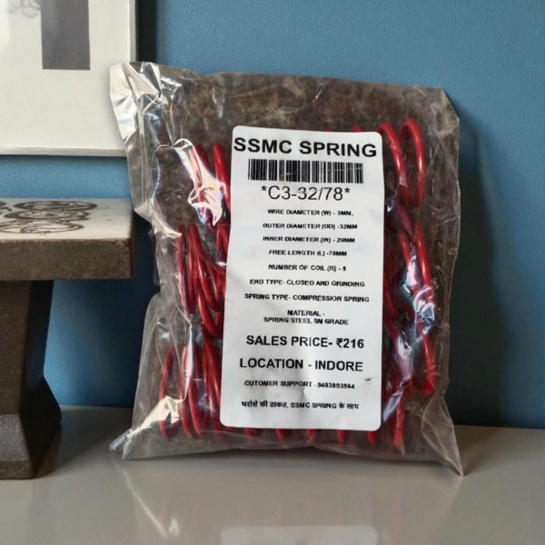Compression Spring – Wire Dia 3mm | Outer Dia 32mm | Free Length 78mm Features:High-quality Spring Steel materialAccurate dimensions:Wire Diameter: 3 mmOuter Diameter: 32 mmFree Length: 78 mmHigh load-bearing capacityRust-resistant & long lifeSuitable for industrial machinery & general mechanical useCustom sizes available on orderManufacturer: SSMC Spring (Super Spring Manufacturing Company)