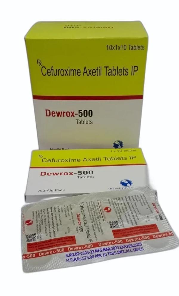 Dewrox-500 Tablets contain Cefuroxime Axetil Tablets IP 500 mg, a second-generation cephalosporin antibiotic. It is formulated to provide broad-spectrum bactericidal action against a wide range of gram-positive and gram-negative organisms. Dewrox-500 is commonly prescribed for infections of the respiratory tract, ENT, urinary tract, skin and soft tissues, and other susceptible bacterial infections, as judged by the physician.Each film-coated tablet delivers 500 mg of Cefuroxime Axetil, which, after absorption, is converted to active Cefuroxime. The drug acts by inhibiting bacterial cell-wall synthesis, leading to rapid killing of susceptible bacteria and faster clinical recovery. Dewrox-500 helps reduce fever, local inflammation, pain and discharge related to infection when taken in the recommended dose and duration.The tablets are packed in Alu-Alu blisters to ensure excellent stability and protection from moisture and light. The outer carton contains 10 × 1 × 10 tablets (100 tablets), making it convenient for hospital supply, clinic use and retail dispensing.Dewrox-500 is a prescription-only medicine (Rx) and should be taken strictly under medical supervision. Dosage and duration must be individualized according to the site and severity of infection, age, body weight and renal function of the patient.