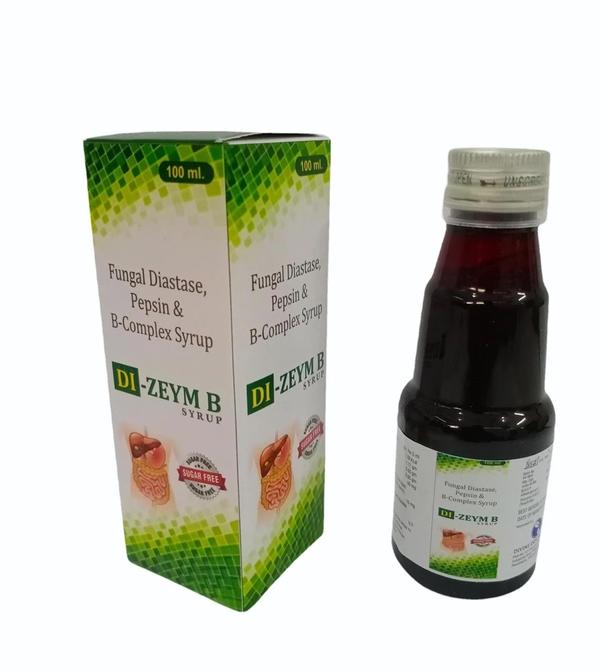 DESCRIPTION:-DI-ZEYM B Syrup is a sugar-free digestive and nutritional syrup containing Fungal Diastase, Pepsin and B-Complex vitamins. It is specially formulated to improve digestion and appetite in patients suffering from indigestion, gas, heaviness after meals and loss of appetite.Fungal Diastase helps to break down complex carbohydrates and starch into simpler, easily digestible forms, thus reducing bloating and fullness. Pepsin is a natural digestive enzyme that assists in the breakdown of proteins and supports proper stomach function. The added B-Complex vitamins help in energy production, improve appetite, maintain healthy nerves and correct deficiencies caused by poor diet or chronic illness.Because the syrup is SUGAR FREE, it is suitable for patients who need to control their sugar intake, such as diabetics or calorie-conscious individuals (as advised by the doctor). DI-ZEYM B Syrup is generally used as an adjuvant in various digestive disorders, weakness associated with poor nutrition and in conditions where better digestion and vitamin-B supplementation are required.
