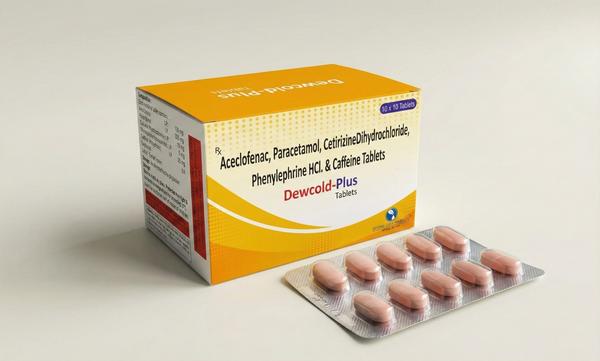 Description:-Dewcold-Plus Tablets is a multi-action formulation specially designed to relieve symptoms of common cold, flu and seasonal allergies. Each tablet contains a combination of:*Aceclofenac & Paracetamol – help reduce fever, body pain, headache, sore throat and muscular aches.*Cetirizine Dihydrochloride – an antihistamine that controls sneezing, runny nose, itching and watery eyes due to allergy.*Phenylephrine HCl – a nasal decongestant that shrinks swollen blood vessels in the nose, providing quick relief from blocked or stuffy nose.*Caffeine – enhances the pain-relieving effect of analgesics and helps reduce fatigue and drowsiness associated with cold and fever.Dewcold-Plus offers fast, sustained relief from multiple cold and flu symptoms in a single tablet, helping patients feel active and comfortable through the day. It is generally used under medical supervision for conditions like common cold, sinusitis, allergic rhinitis, flu-like illness and associated fever and body pain.